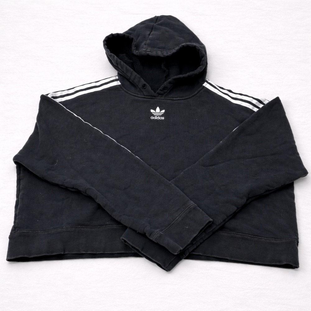 Adidas Hoodie Mens Medium Black Trefoil 3 Stripe Pullover Sweatshirt